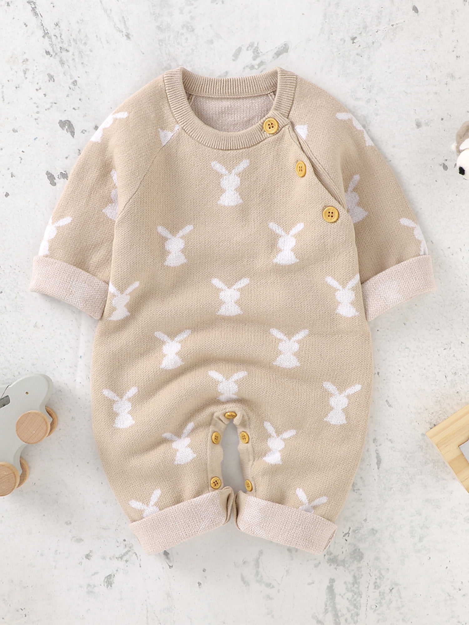 wsevypo Newborn Baby Bunny Romper Infant Knited Easter Outfits Long Sleeve Jumpsuit for Boys Girls One Piece Overall