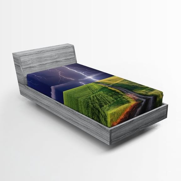 Ambesonne Summer Fitted Sheet, Solar Energy Storm Field, Twin Size, Green Blue
