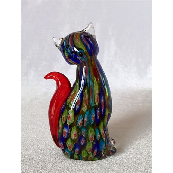 Multi Color With Red Tail Sitting Cat Glass Figurine