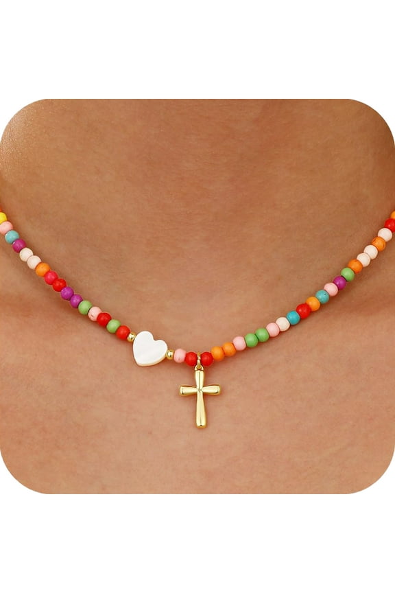 Love Heart Cross Necklaces for Girls Women Beaded Chain Stuff Catholic Religious Christian Birthday First Communion Graduation Jewelry Gifts Teen Daughter Kids Age 7 8 9 10 11 12 13