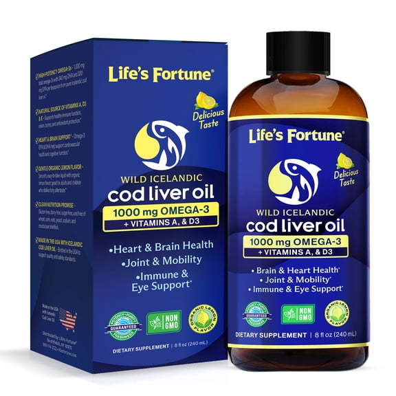 Life's Fortune Cod Liver Oil Liquid Organic Lemon Flavor, Fish Oil Supplement, 8 oz, 1000 mg