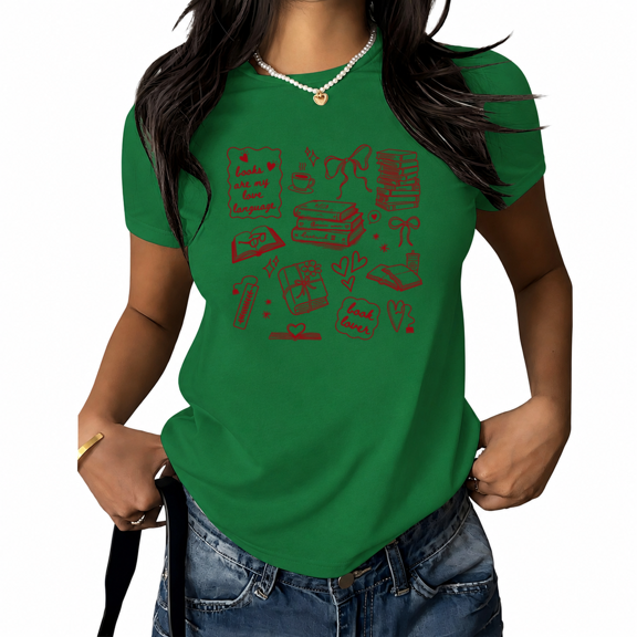 UNISHE Women's Red Book Lover Graphic Tee "Books Are My Love Language" Print - Short Sleeve Crewneck Summer Top, Cute Literary Gift for Readers