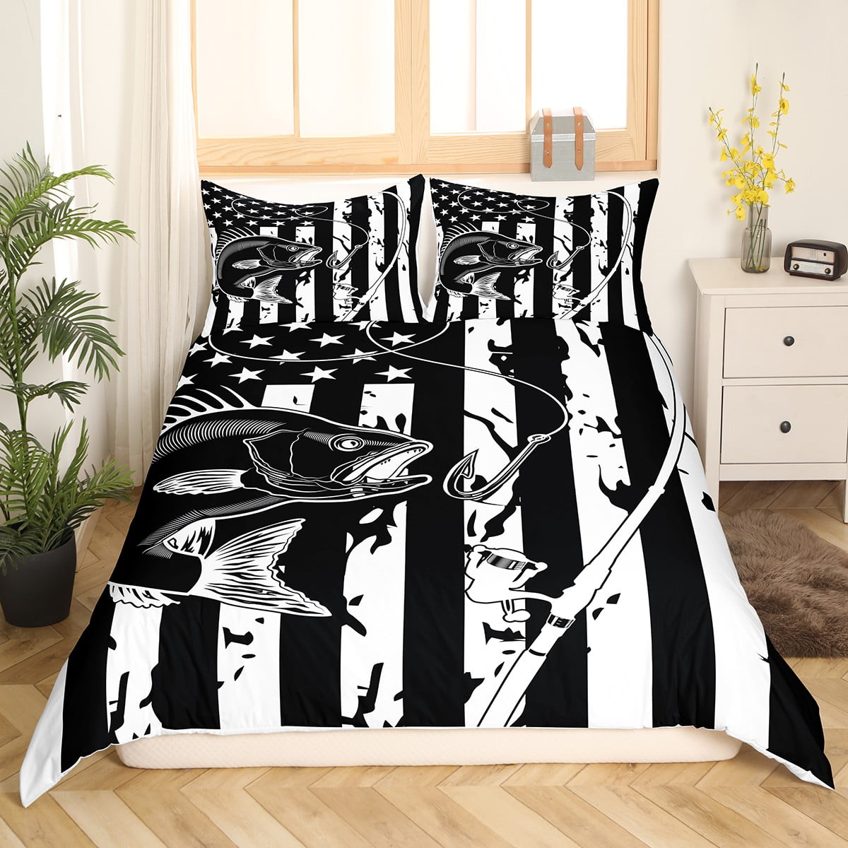 Fishing Bedding Set Vintage Fishing Rod United States Flag Comforter