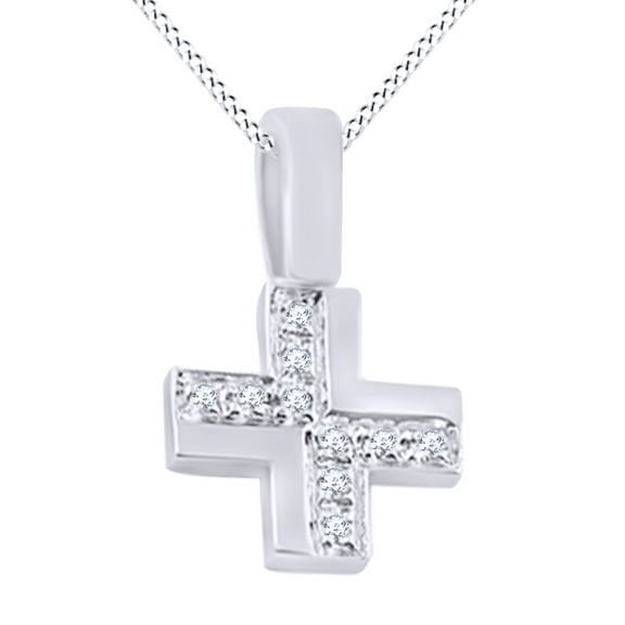 AFFY Round Shape White Diamond (0.05 Cttw) Accent Mini Cross Pendant Necklace In 14K Solid White Gold