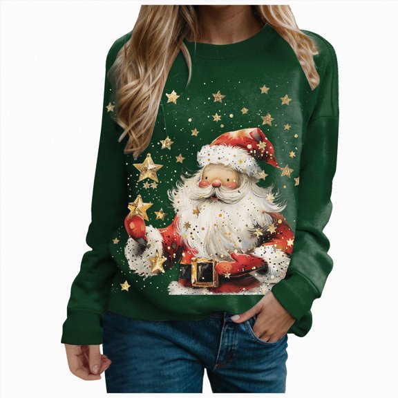 Futezty Womens Christmas Sweatshirt Cute Holiday 3D Print Tops Long Sleeve Round Neck Pullover 2025 Sweaters