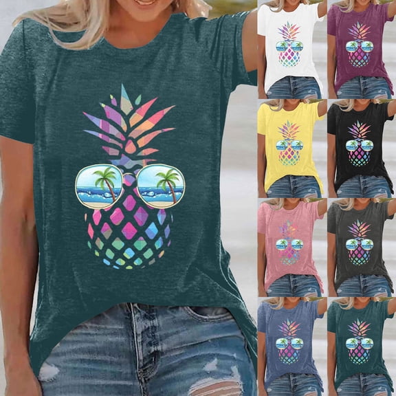 Trendfront Womens Summer Tops Fashion Tee Vintage Pineapple Graphic Print T Shirts Short Sleeve Crewneck Shirt Casual Vacation Clothing