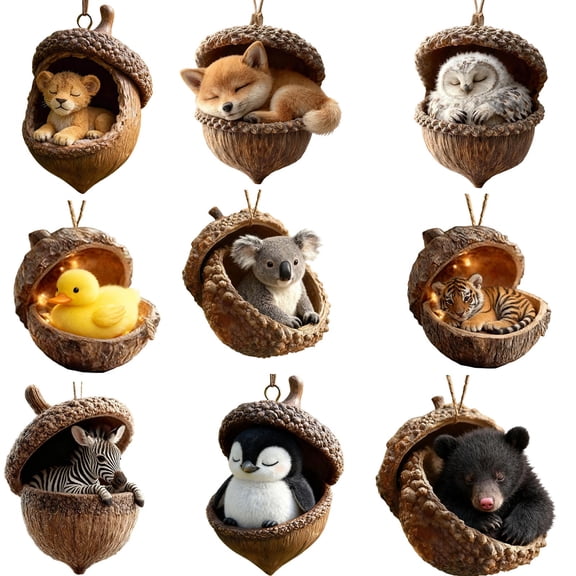 9PC Forest Animal Acorn Ornaments Cozy Forest Christmas Ornaments Xmas Tree Decor, Personalized Pine Cone Animal Decoration, Woodland Creature Hanging Ornament Gift for Animal Lovers B