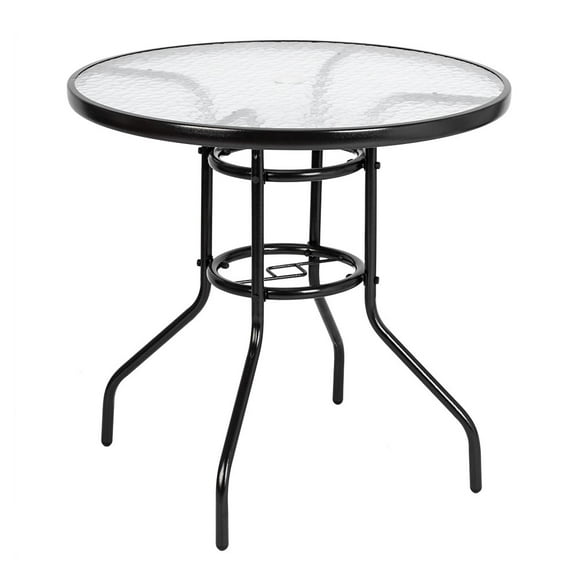 KAAYEE 32" Round Patio Table with Umbrella Hole Outdoor Dining Table Round Toughened Glass Table,for Deck, Yard, Balcony, Lawn, Pool, Black