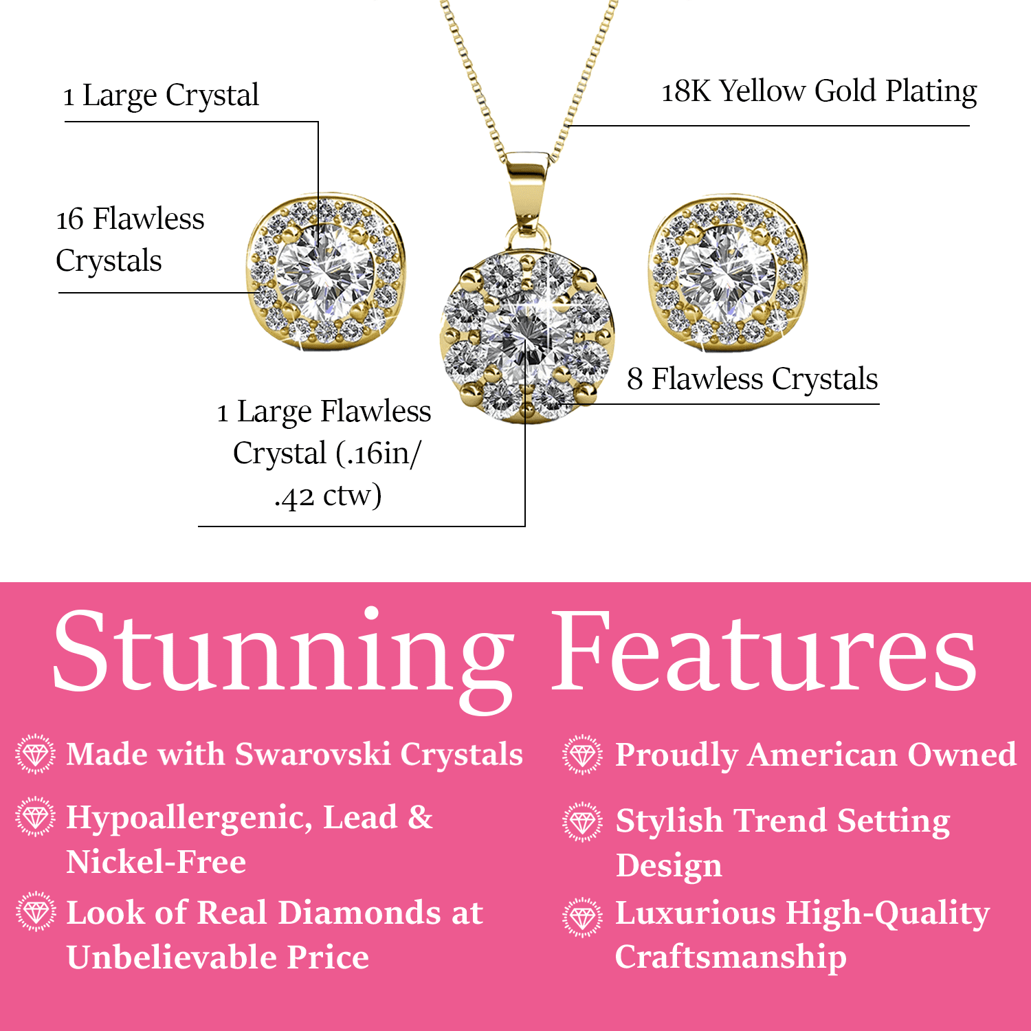 Cate & Chloe Ruth 18k Yellow Gold Plated Halo Jewelry Set with Swarovski Crystals Gift for Women