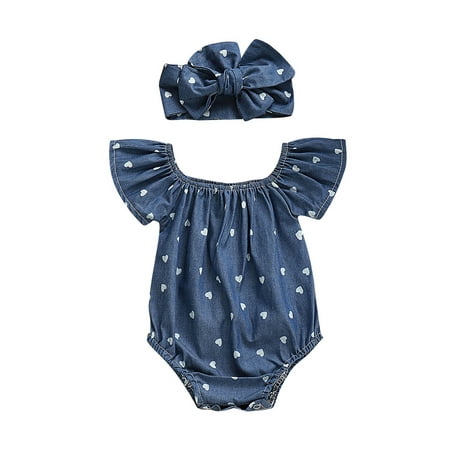 

Farrubbyine8 Infant Baby Girls Off Shoulder Denim Blue Bodysuits Heart Print Jumpsuit Bodysuit with Headbands