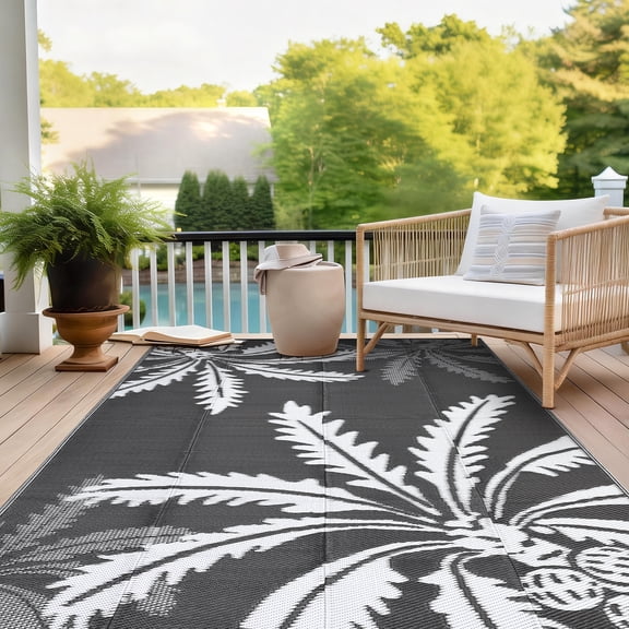 9x12 Waterproof Outdoor Rug, Reversible Plastic Patio Camping Rug, Large Modern Area Rug Mat for Camping, RV, Porch, Backyard, Deck, Picnic, Beach, Grey & White