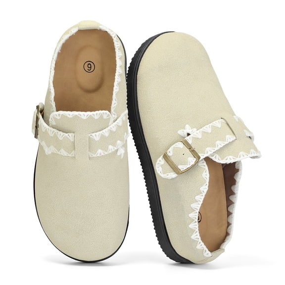 LuckLilac Women Mule Slipper Lace Trim Suede Flat Shoes for Indoor Outdoor