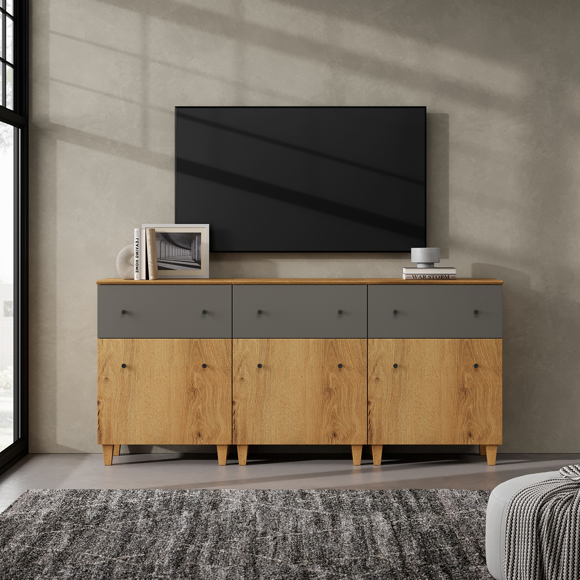 WAMPAT TV Stand Cabinets for 75+ Inch Flat Screen, 3-in-1 Modern Highboy Wooden Entertainment Center with 3 Drawers and Shelves, Oak Brown