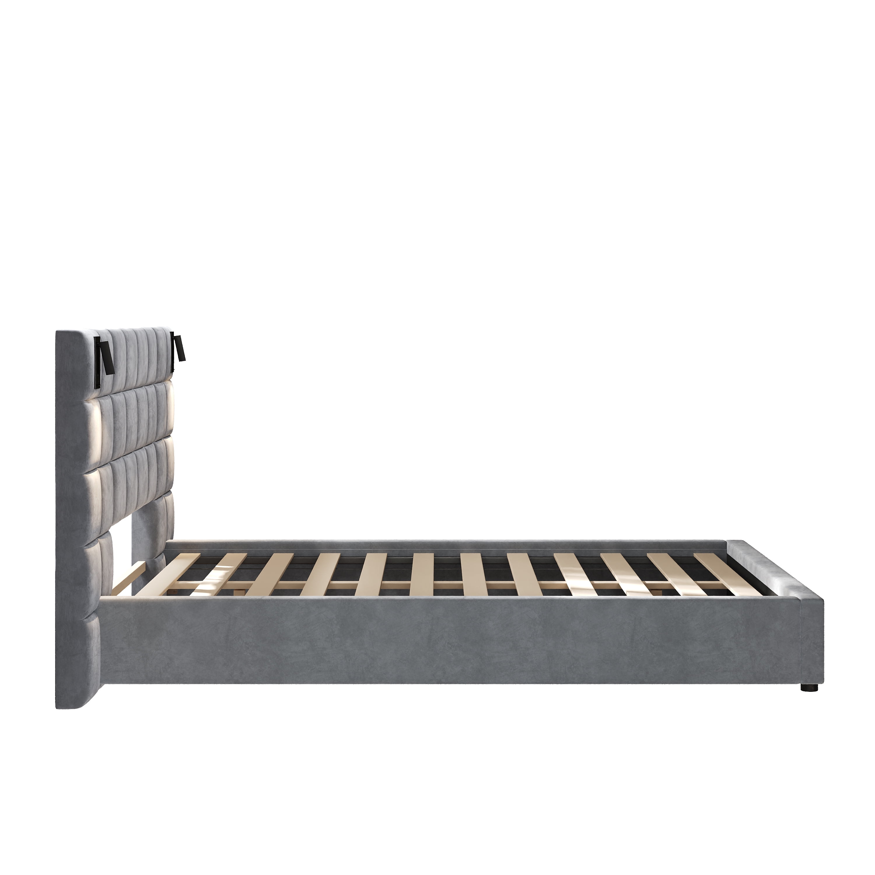 Queen Size Upholstered Bed Frame with Adjustable Wall Sconce & USB Port, Velvet Platform Bed with Wide Padded Headboard for Bedroom, Gray