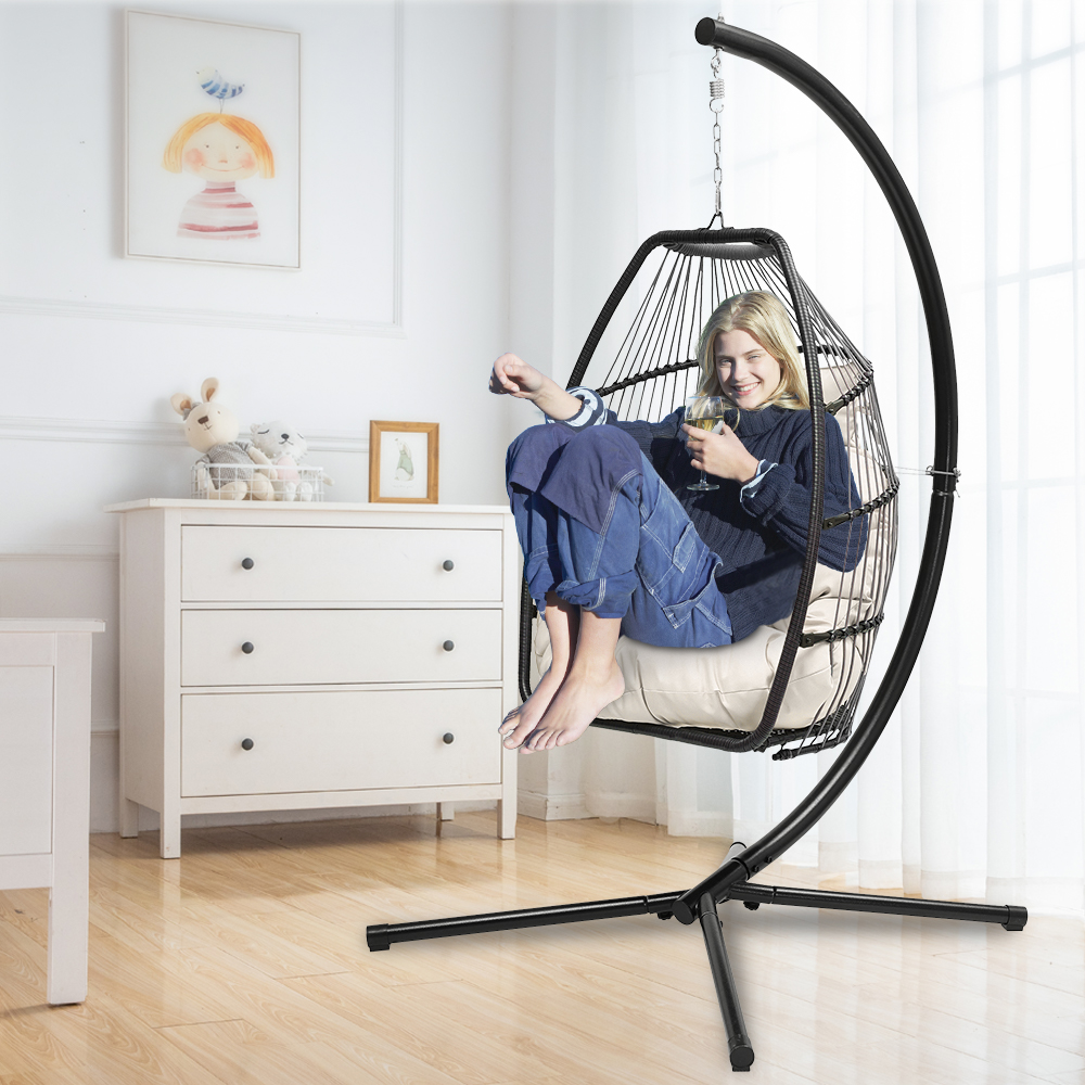 SEGMART Outdoor Hanging Egg Chair with Stand, Wicker Hanging Swing