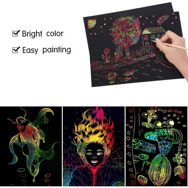 Mocoosy 60 Pcs Scratch Art Paper for Kids, Rainbow Magic Scratch Off Paper  Sheets Set, Black Scratch Pads Arts and Crafts Kits for Party Games