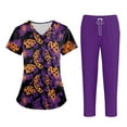 thumbnail image 2 of WTOBBY Women's Plus Size Short Sleeve Printed Scrubs Set, V-Neck with Pockets, Fun Animal Floral Print, 2-Piece Nursing Uniform, Medical Workwear for Healthcare Workers,Purple L, 2 of 4