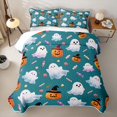 thumbnail image 2 of Manfei Kawaii Watercolor Ghost Quilt King for Boys Girls, Teal Halloween Pumpkin Candy King Coverlet Set, 2 of 7