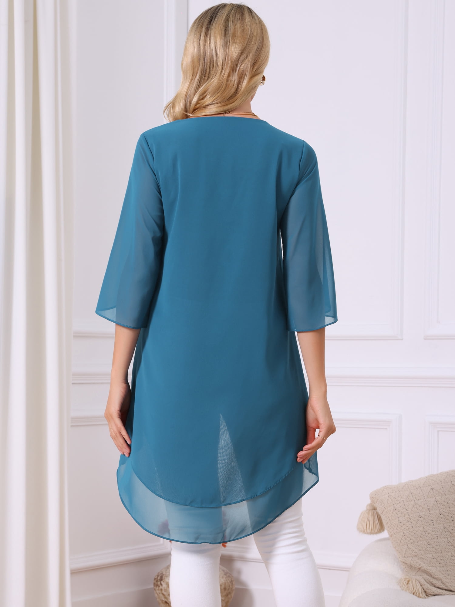 DARING DIVA Women's 3/4 Sleeve High Low Hem Scoop Neck Chiffon Blouses M Peacock Blue