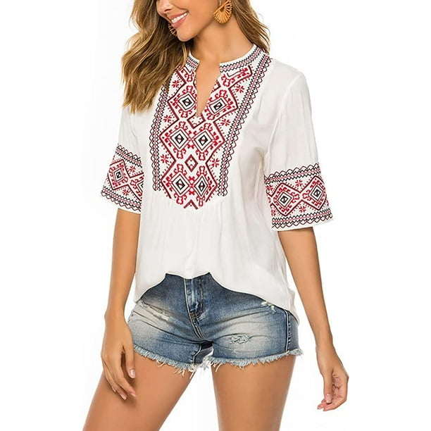 Embroidered Tops for Women Summer Boho Choth Mexican Bohemian Peasant Tops  Loose 3/4 Sleeves Shirts Blouse Top 