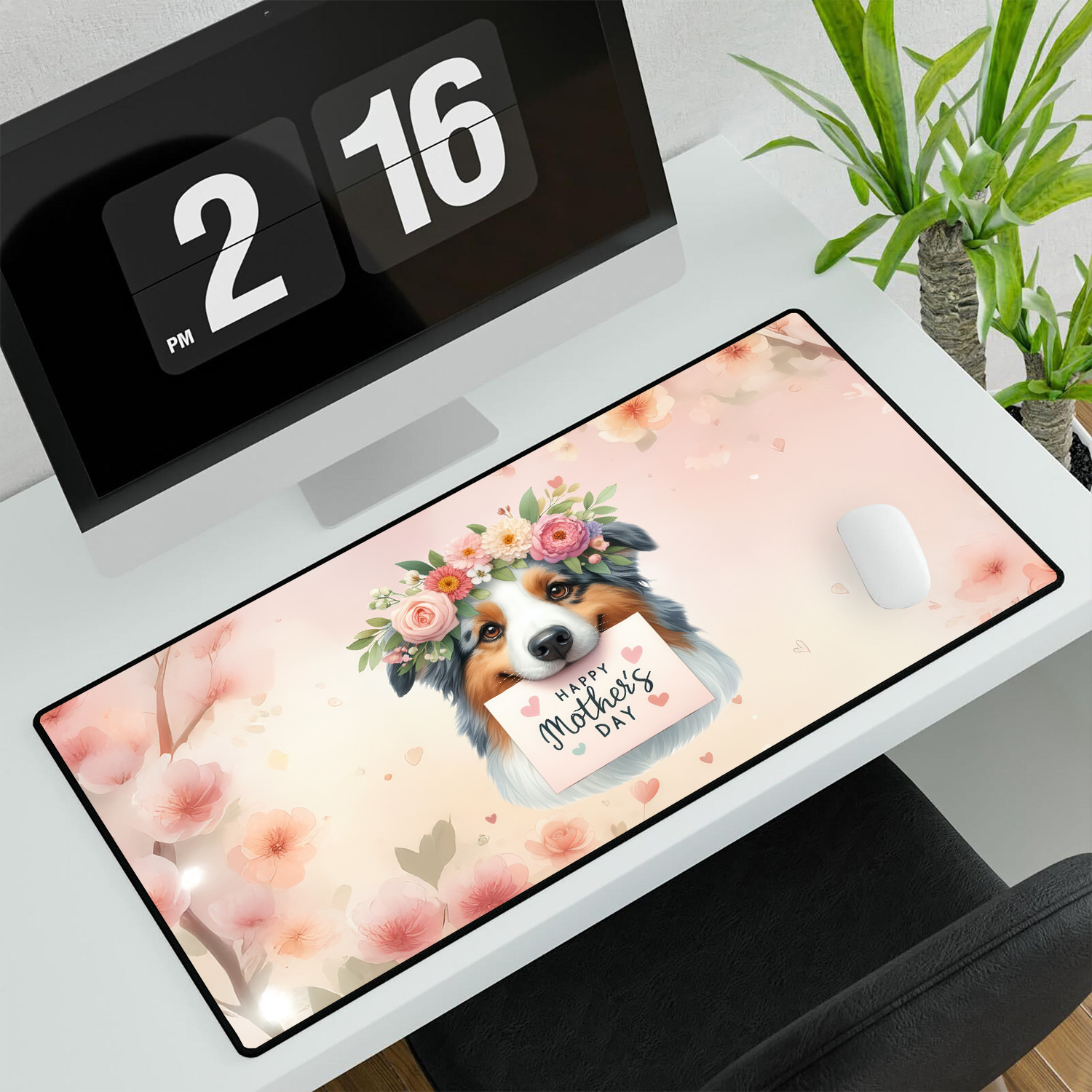 Happy Mother's Day Australian Shepherd with Flower Crown and Greeting Card Desk Mat Full Keyboard Mouse Pad Aussie Dog Lover Gifts Large Mousepad - 13004