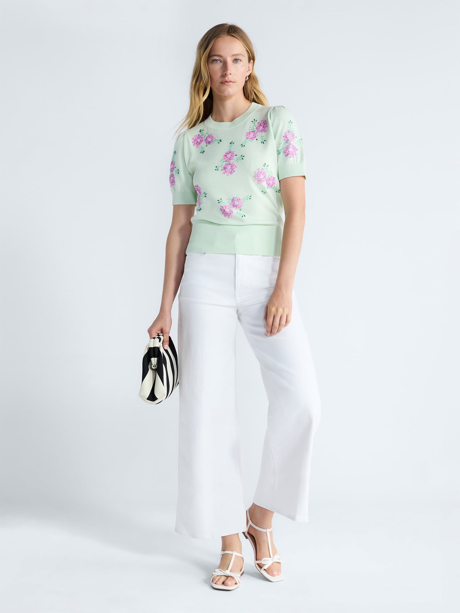 Free Assembly Women's and Women's Plus Beaded Floral Sweater with Puff Sleeves, Lightweight, Sizes XS-4X