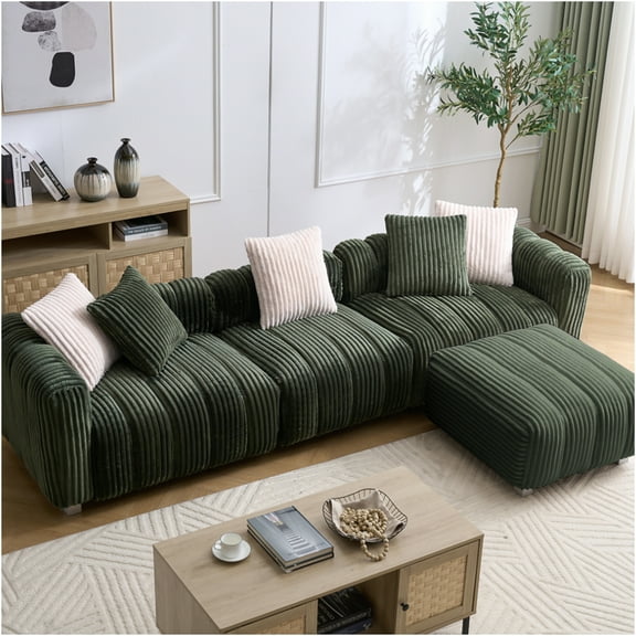 JERFIT Modern Green Corduroy Reclining Sofa Set with Movable Ottoman, Extra Wide 3-Seater Couch for Living Room