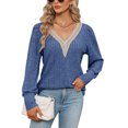 thumbnail image 2 of BLVB Womens V Neck Lace Crochet Fall Long Sleeve Tee Shirts Knit Ribbed Tops Fashion Clothes Tunics Blouses Dark Blue, 2 of 7