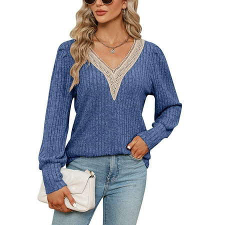 Women s New V-neck Lace Loose Stripe Brushed Loose Long Sleeve T-shirt Tops Cheap Sale
