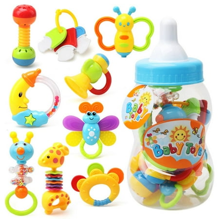 Rattle Teether Set Baby Toys 9pcs Shake and GRAP Baby Hand Development Rattle Toys for Newborn Infant with Giant Bottle Gift for 3 6 9 12