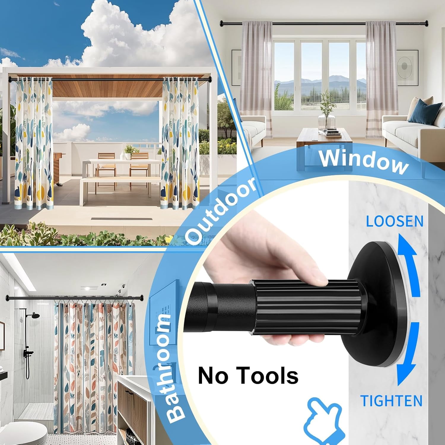 Tension Curtain Rod 51-86 Inch, Curtain Rod No Drilling for Window or Bathroom Closet, Outdoor Curtain Rods for Patio Tension Rod, Easy to Install, Never Rust, Rod Diameter 1.26 Inches - Black