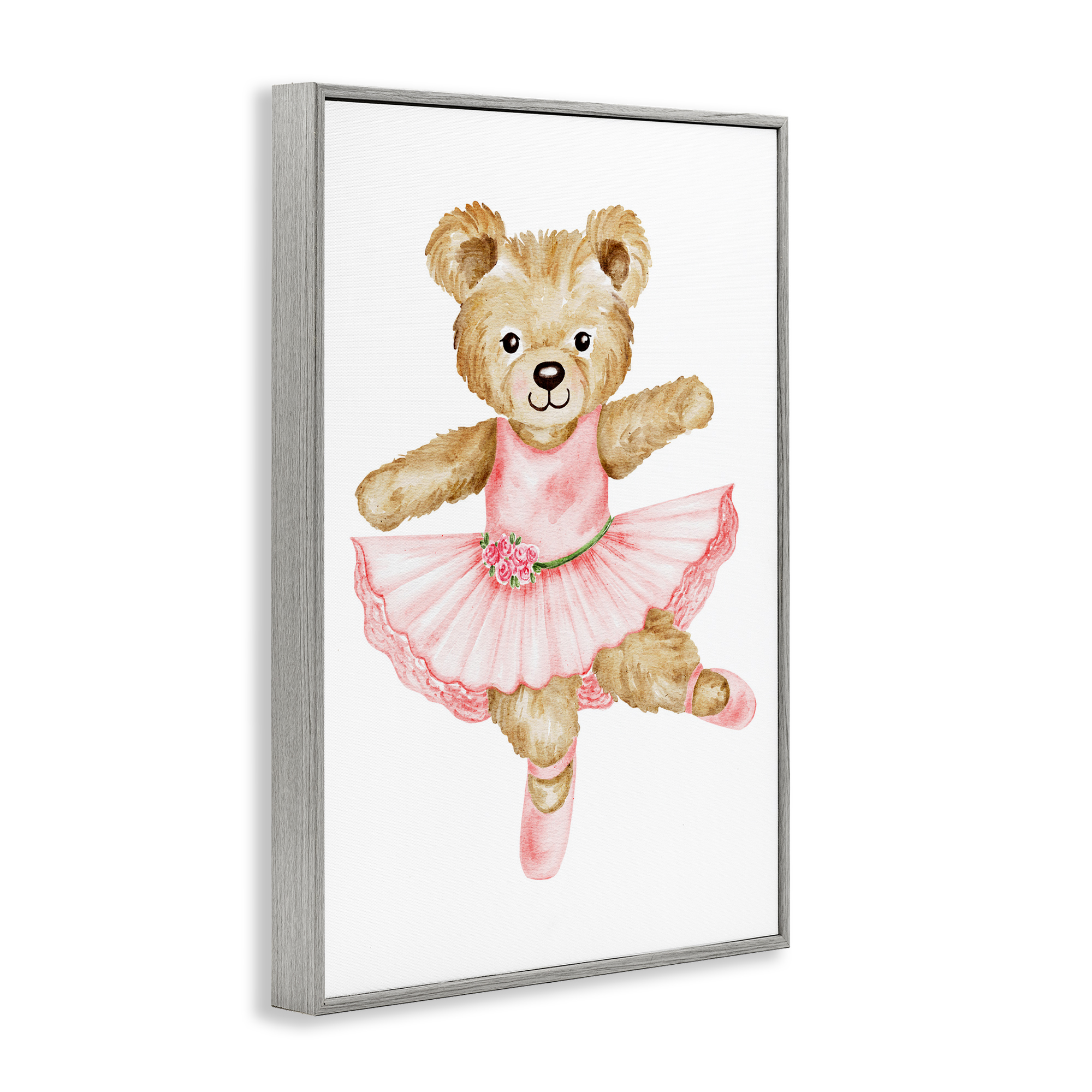 Ballerina Teddy Bear Gray Framed Giclee Art, design by Amy Hall