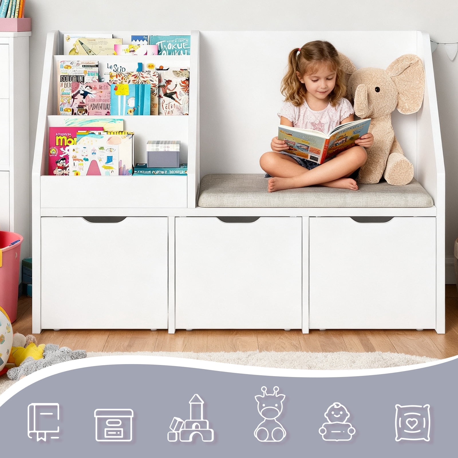 Kbun 40in Kids Bookshelf,  Book Wood Storage Organizer with 3 Large Drawers, Toy Storage Organizer for Playroom Bedroom, White
