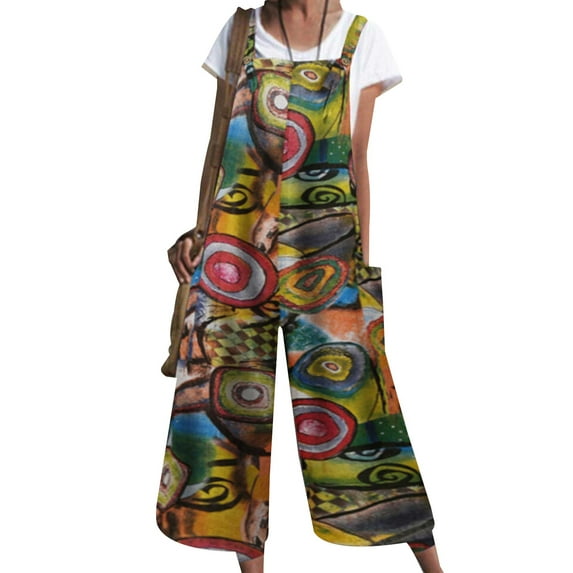 Julycc Womens Cotton Linen Striped Printed Wide Leg Jumpsuit Dungarees Bib Casual Overalls Pants