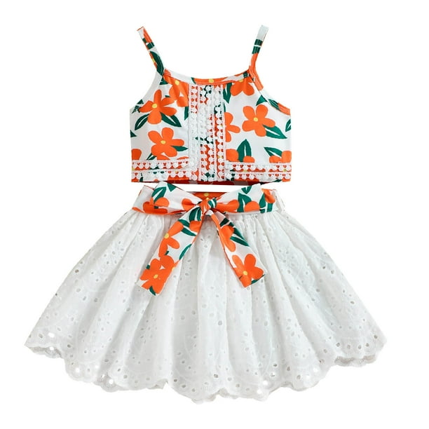 Vestido Para Niñas, Ropa Para Niñas Pequeñas, Moda Para Niños Pequeños, Estampado De Flores Lindas, Lcae, Falda Calada, Tirantes, Traje Superior Blanco Odeerbi LM103-8892