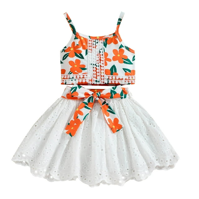 Vestido Para Niñas, Ropa Para Niñas Pequeñas, Moda Para Niños Pequeños, Estampado De Flores Lindas, Lcae, Falda Calada, Tirantes, Traje Superior Blanco Odeerbi LM103-8890