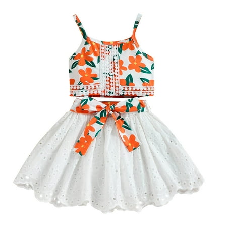 

TUOBARR 2023 Summer Savings Clearance! Toddler Girl Dress Baby Girls Fashion Cute Flowers Print Lace Hollow Skirt With Suspenders Top Suit White 9-12 Months