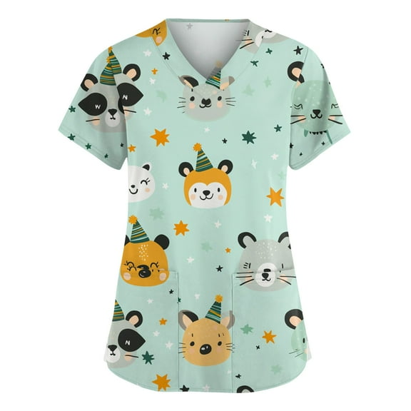 LHVUOA Scrub Tops Women Stretchy Short Sleeve V Neck Tops with Cute Printed Plus Size Scrubs for Women Stretch