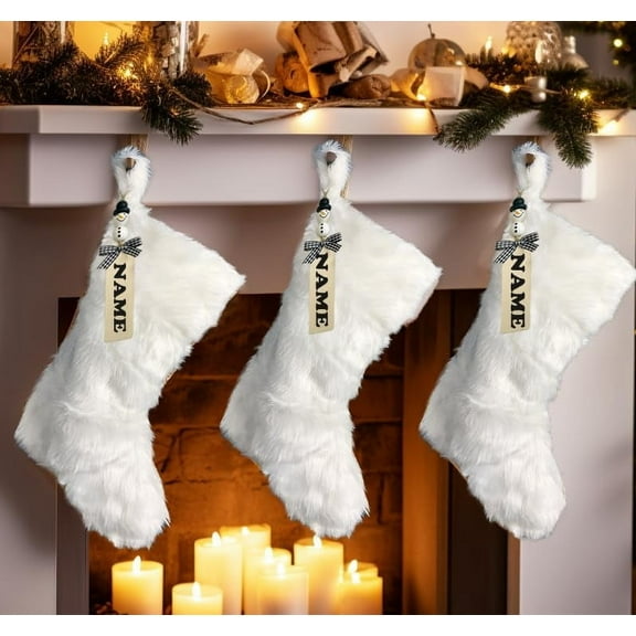 TETOU 18'' White Christmas Stockings, Large Faux Fur Xmas Stockings with Personalized Name Tag, Lovely Stockings Christmas Decorations Hanging Ornaments for Xmas Trees Home Fireplace Holiday Gift