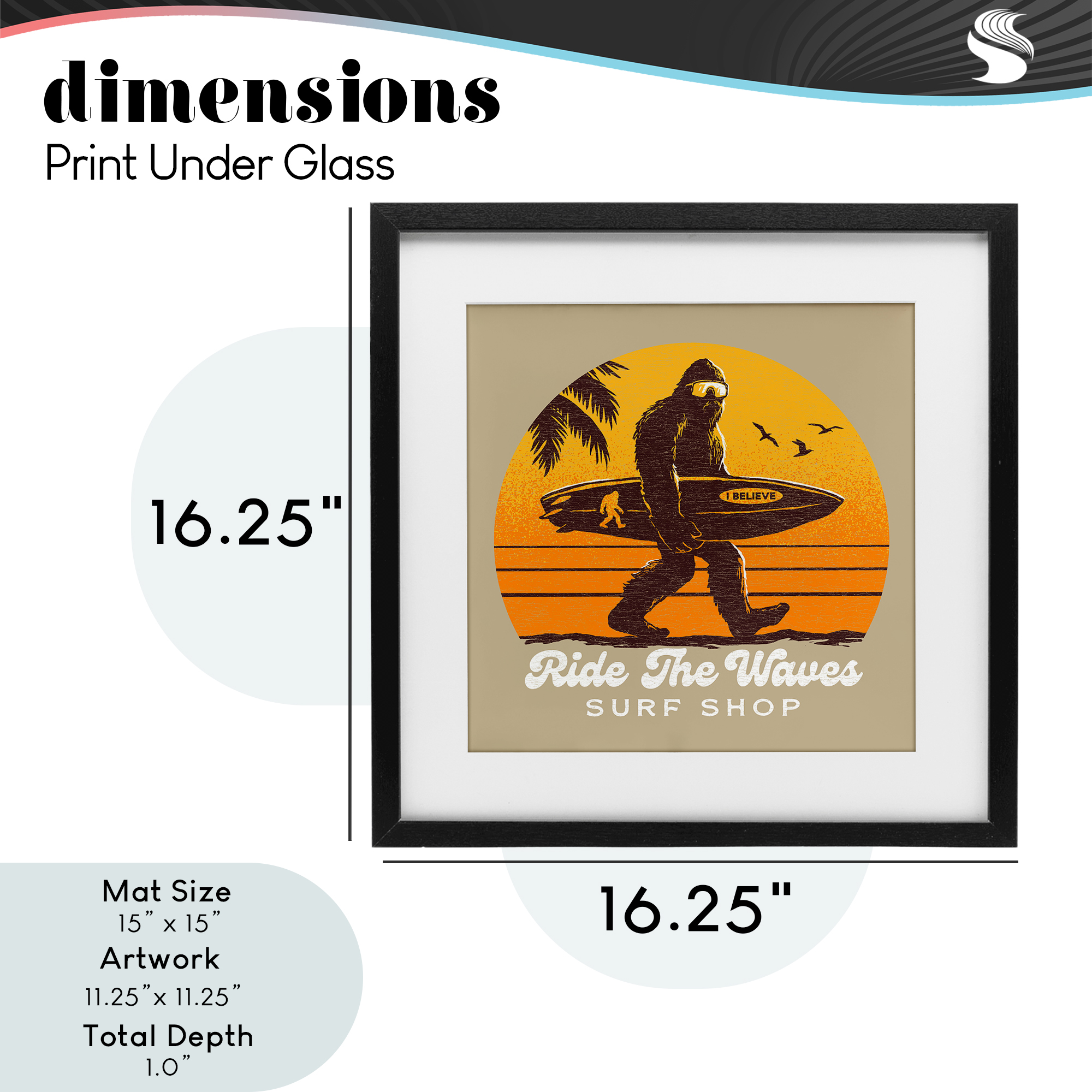 Ride The Waves Surf Shop Black Framed Print Under Glass, design by Jedco Brands Inc.