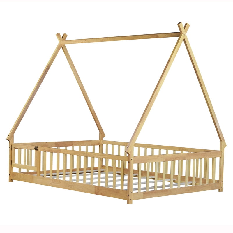 Full Size House Floor Bed, Wood Montessori Bed Frame with Fence Guardrails, House Beds Frame No Box Spring Needed（Full, Natural)