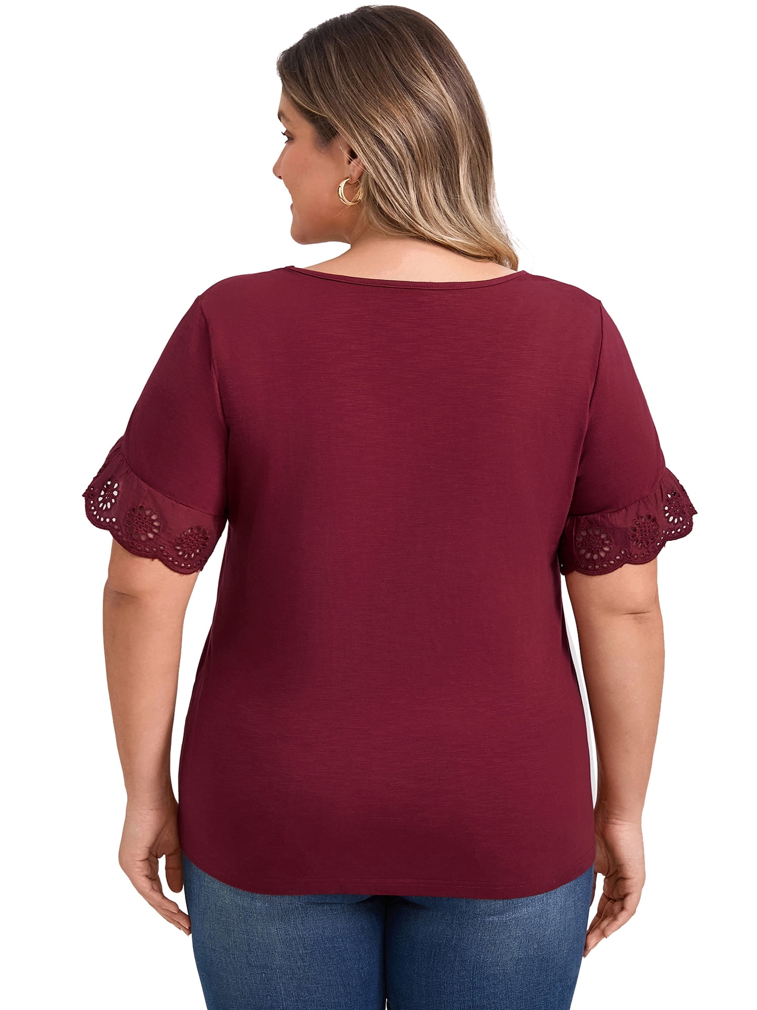 DARING DIVA Women's Plus Eyelet Embroidered Short Sleeve Blouse 1X Burgundy
