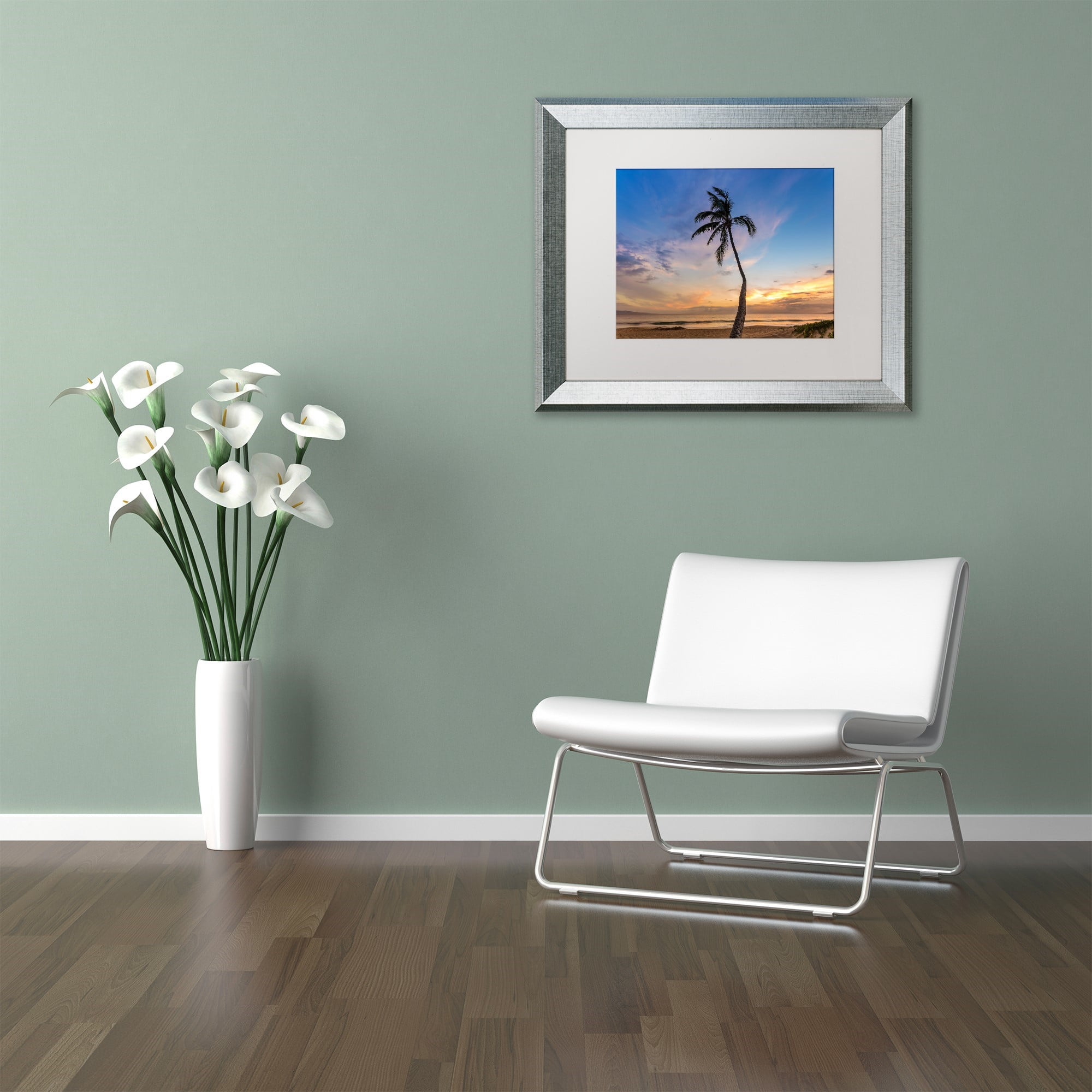 Trademark Fine Art 'Sunset Palm Tree' Canvas Art by Pierre Leclerc, White Matte, Silver Frame