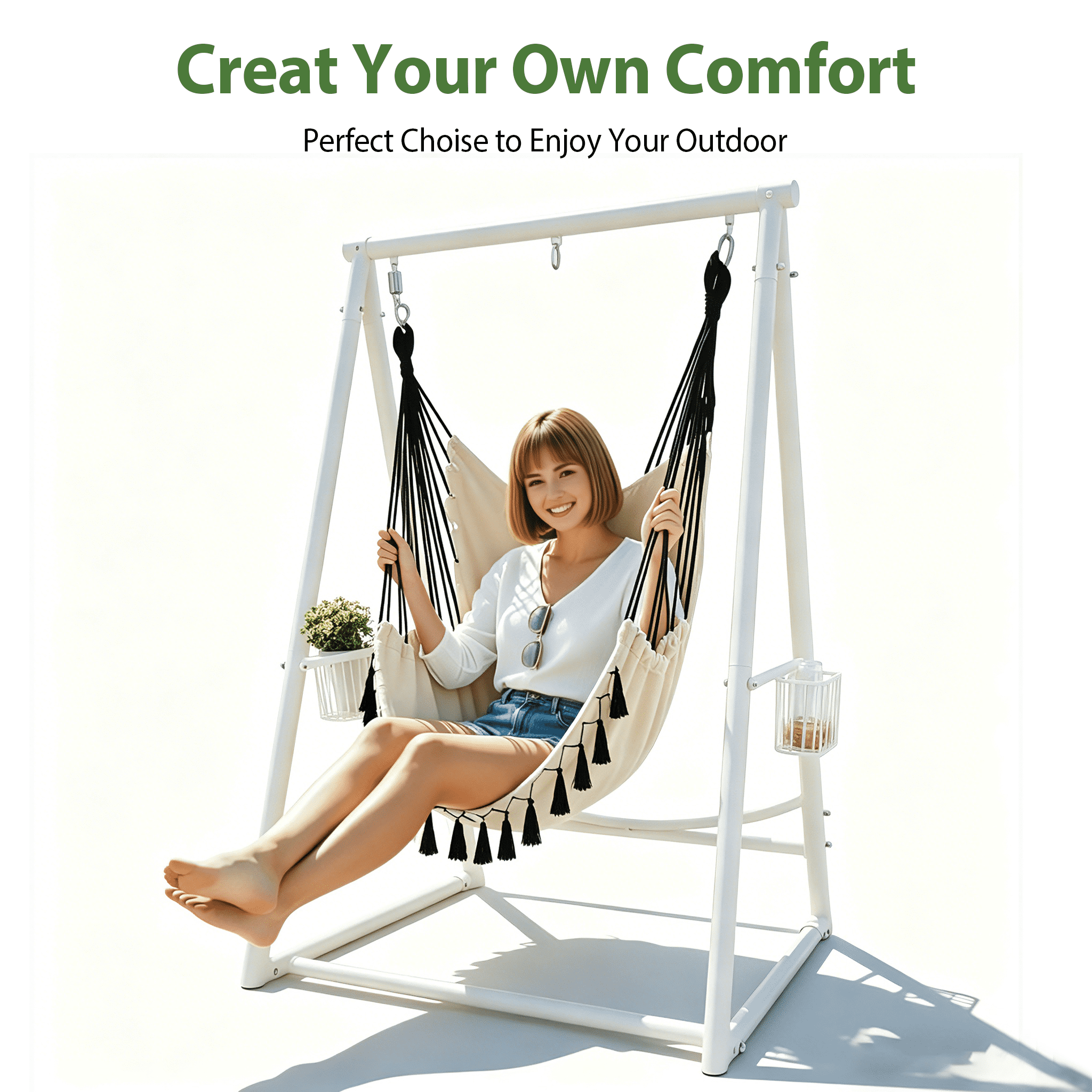 Hammock Chair Hanging Rope Swing & Stand Set with Two Holders, Heavy Duty Hanging Stand with Three Hooks, Multi-Use for Indoor Outdoor Patio Yard Garden (White)