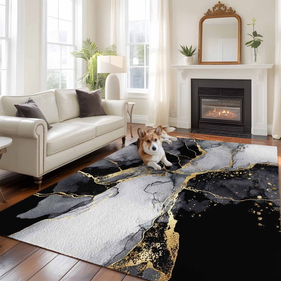 6'x9' Area Rugs, Black Grey Marble Indoor Outdoor Area Rug for Living Room Bedroom, Modern Gradient Abstract Aesthetic Washable Bathroom Rugs Kitchen Floor Carpet Mats Home Decor Aesthetic