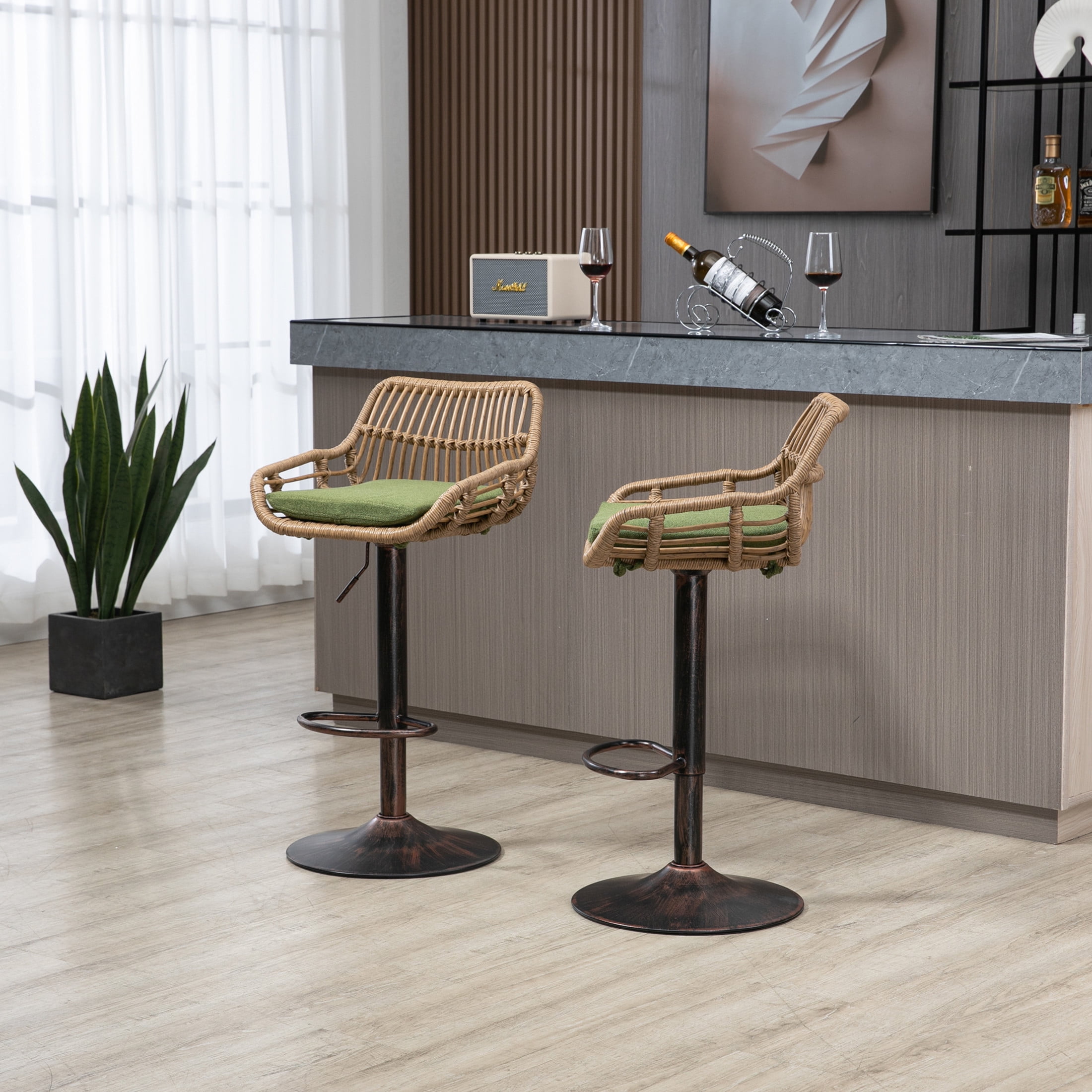 Noble House Swivel Bar Stools Set of 2, Adjustable Linen Counter Height Chairs with Footrest, Green