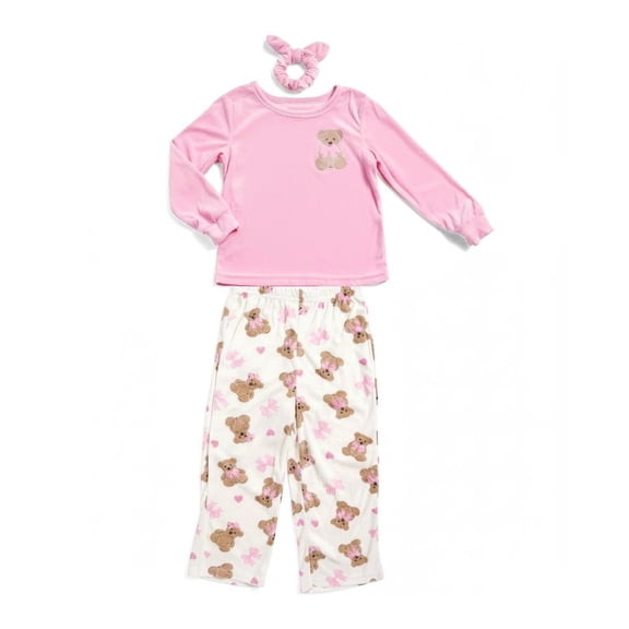 Girl's Soft Velvety Velour Fleece Pink Teddy Bear Pajama Set with Scrunchie, Size 6X
