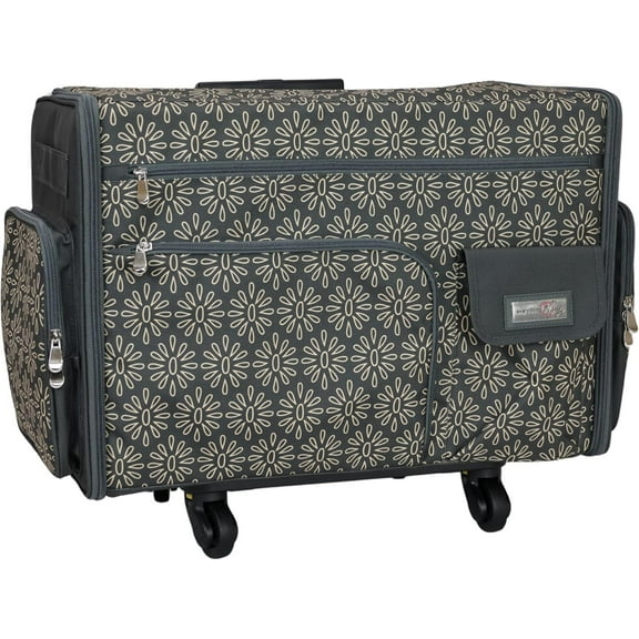 Everything Mary Flat Top XL 4 Wheel Collapsible Rolling Sewing Machine Storage Case, Tan Floral