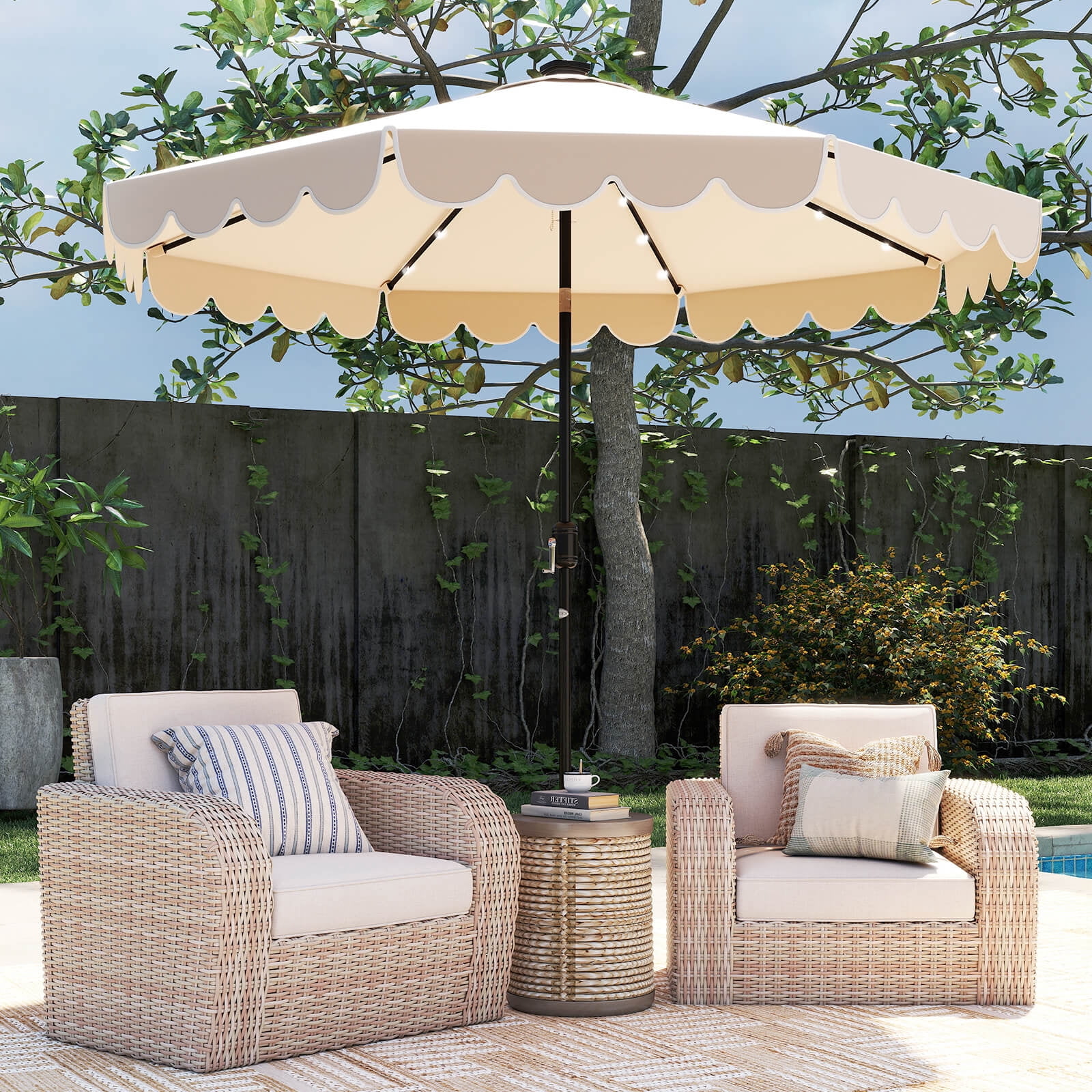 Costway 10 FT Solar Patio Umbrella with 24 LED Lights 8 Ribs & Tilt Adjustment Beige
