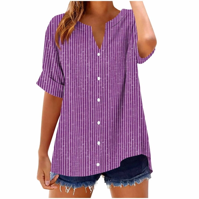Camisetas Casuales de Manga Corta con Cuello en V Impreso Botón de Verano Suelto Y de Moda